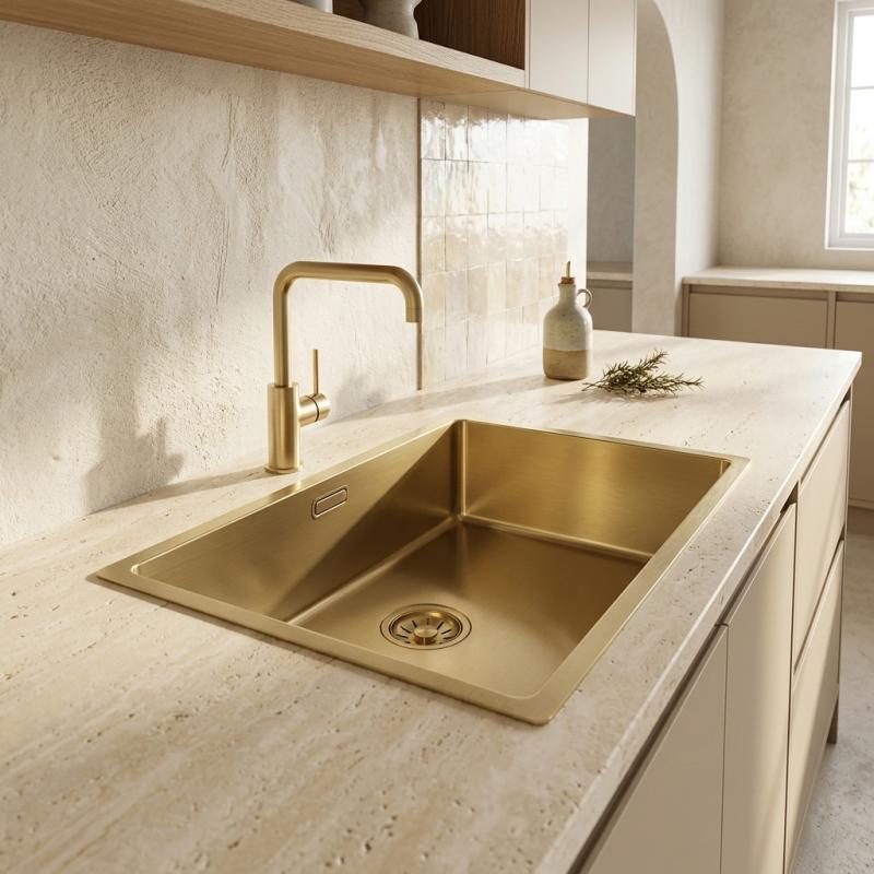 Pure.Sink Comfort PVD Gouden spoelbak 50x40 cm 10mm radius onderbouw, vlakbouw en opbouw PCM5040-60